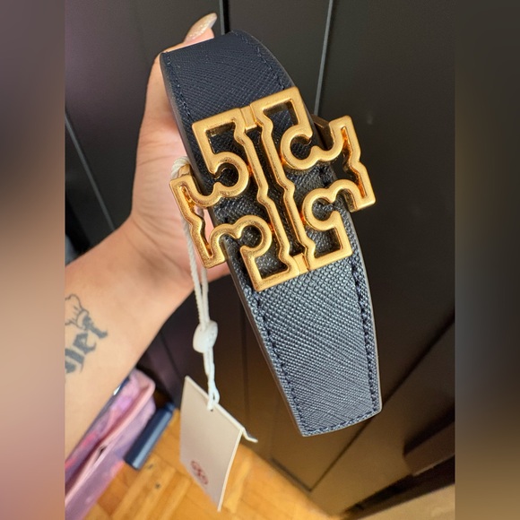 Tory Burch Other - Tory Burch Navy/Brown Reversible Belt with Gold Logo 1 inch